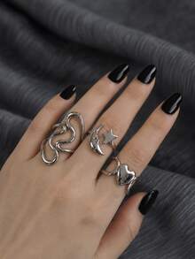 3 piezas Anillos apilables ajustables asimétricos con diseño hueco de estrella, luna y ráfaga, estilo Y2K de Halloween, estilo de fantasía y magia para fiestas y celebraciones - color acero - Ver 4