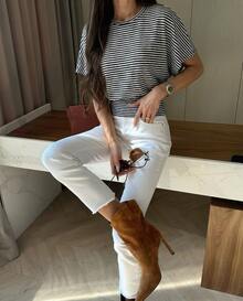 JTI Women's Crew Neck Black And White Striped Waist-Defining Batwing Sleeve T-Shirt, Casual Elegant Commuter Top For Autumn - Black and White - View 4