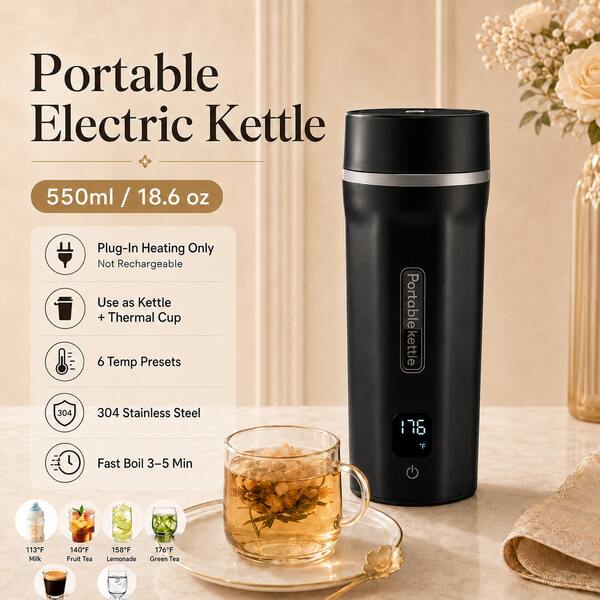 OCTAVO Ketel Listrik Portabel Kecil untuk Perjalanan, Ketel Teh dan Kopi Mini, Pemanas Air dengan 6 Pengaturan Suhu, Baja Tahan Karat 304 dengan Mati Otomatis & Perlindungan Anti Kering, Cocok untuk Perjalanan, Hotel, Kantor, dll. Mudah Dibawa. Hadiah