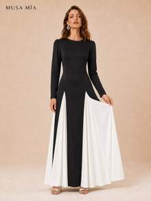 High Neck Velvet Color Block Chiffon Maxi Evening Dress - 黑色 - 查看 12