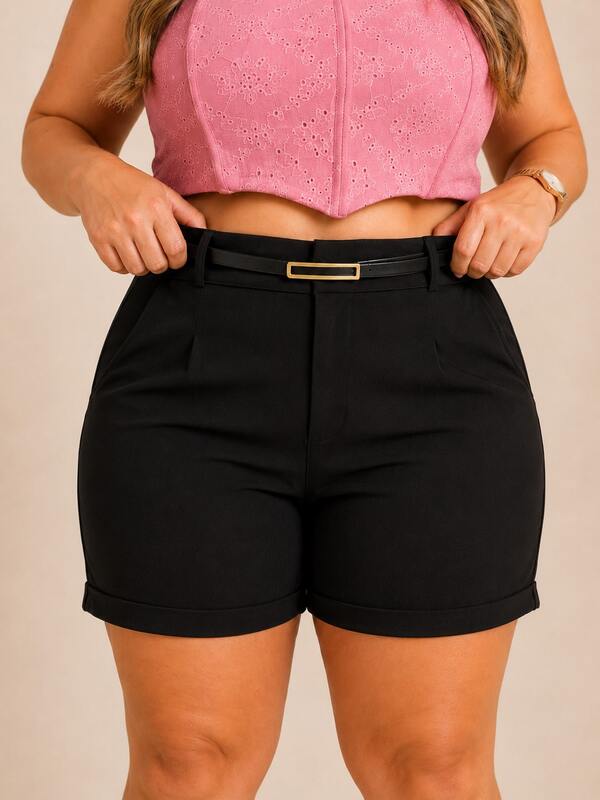 Short Plus Size Alfaiataria Com Cinto Cintura Alta