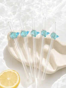 2pcs/5pcs Reusable Clear Glass Straws With Transparent Light Blue Whale Accents, Cute Ocean Themed Marine Animal Decor Drinking Straws For Boba Milk Tea, Juice,Iced Coffee&Cold Drinks, Ideal For Beach Parties, Outdoor Picnics, Perfect Gift For Girls. - Style G - View 5