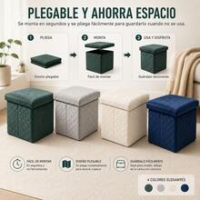 Puf baúl plegable 3 en 1 de terciopelo acolchado, taburete cuadrado almacenable 38*38*35 cm, asiento auxiliar con gran capacidad interior, disponible en 4 tonos elegantes - Blanco - Ver 8