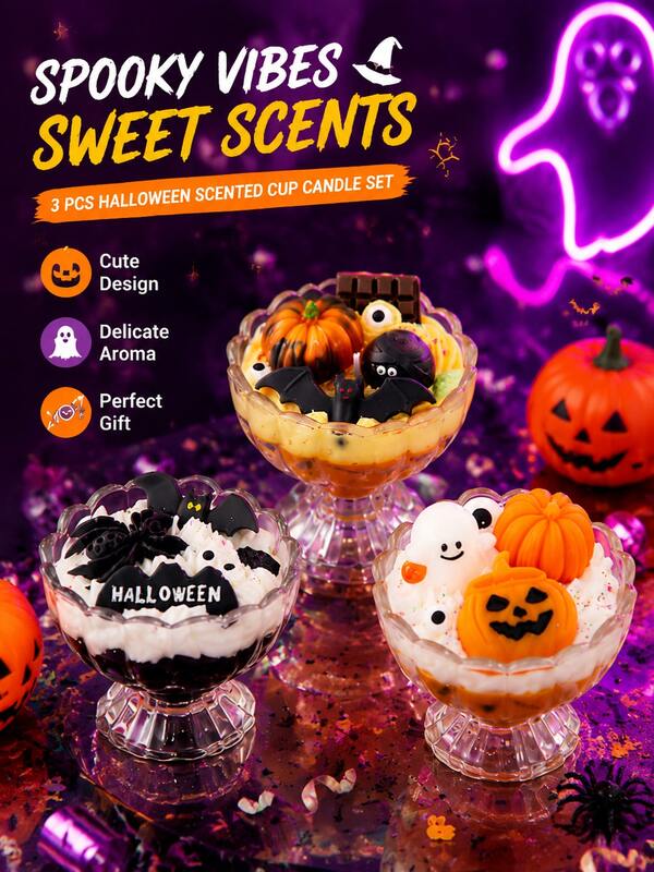 Halloween Ice Cream Cup Candle, Cute & Quirky Dessert Style Candle, Pumpkin Ghost Bat Spider Decorative Candle, Halloween Party Decoration, Autumn Home Decor, Mini Candle Ornament, Tabletop Centerpiece Decoration, Haunted House Theme Decor, Cute Holiday Gift