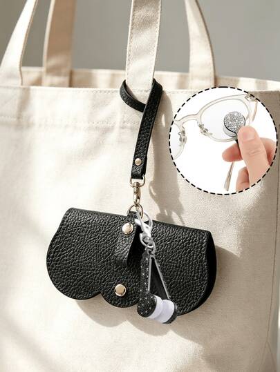 Minimalist Fashion Glasses Storage Bag With Shiny Glasses Cleaning Cloth Keychain, Rhinestone Portable Lens Cleaning Cloth Pendant, Portable Fashion Glasses Protective Case, Microfiber Lens Cleaning Cloth Keychain, Outdoor Travel Fashion Glasses Storage Hanging Bag, Commute Travel Accessory
