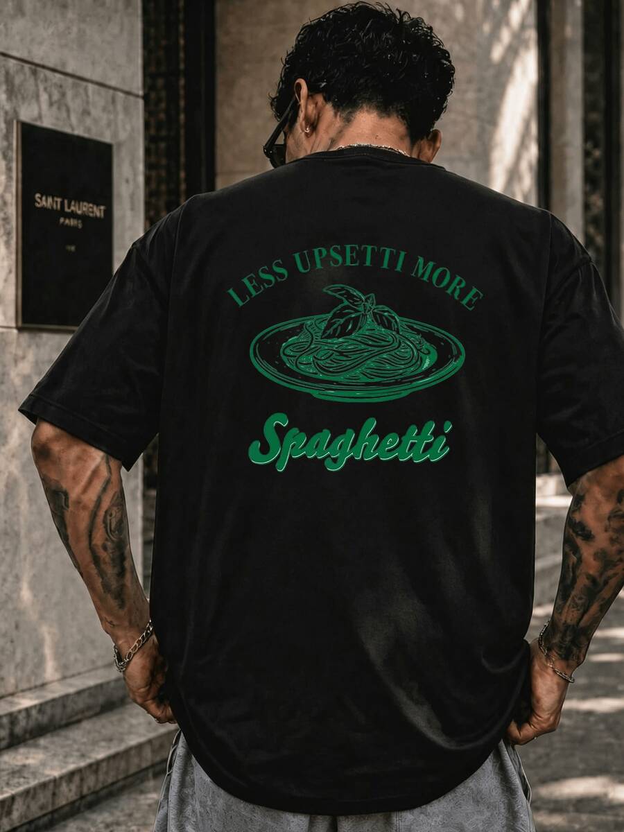 Spaghetti Teller Grafik TShirt Herren mit Retro Print Streetwear Baumwolle Kurzarm Oversize Fit Casual Sport Freizeit Shirt - Schwarz - Übersicht 1
