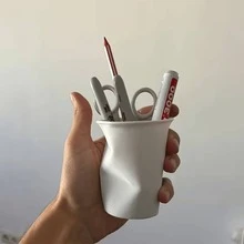 1pc 3D Printed Crumpled Paper Cup Shaped Pen Holder Storage, Fashionable Stationery Organizer, Fun Desktop Decor Gift For Classroom And Office, Creative Student Desk Organizer, Piggy Bank, Home Decor - Multicolor - View 1