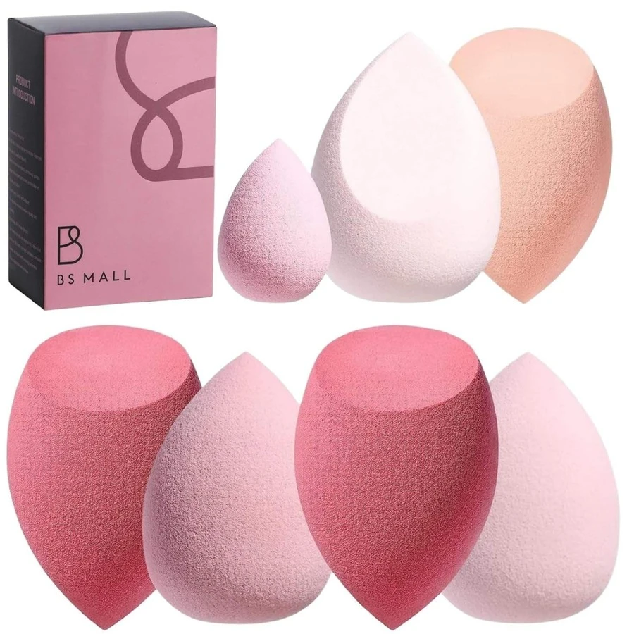 BS-MALL 7pcs Pink Makeup Sponge Set, Latex-Free, Customizable Logo, Soft Facial Foundation Blending Makeup Sponge Set - Pink - View 1