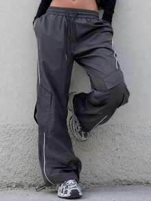 Street Style Multi-Pocket Striped Decor Wide Leg Cargo Pants With Drawstring Elastic Waist Casual Long Pants - Dark Grey - View 1