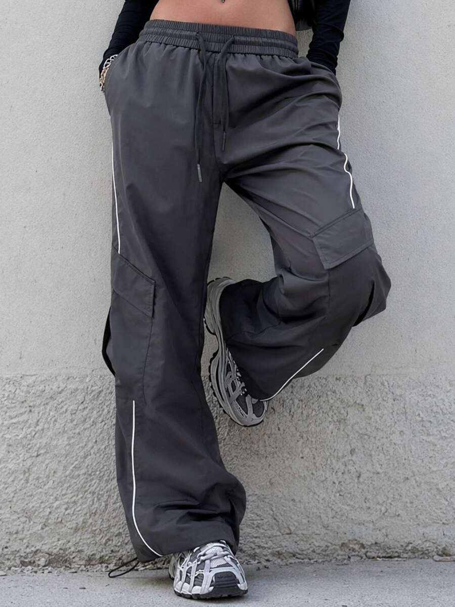 Street Style Multi-Pocket Striped Decor Wide Leg Cargo Pants With Drawstring Elastic Waist Casual Long Pants - Dark Grey - View 1