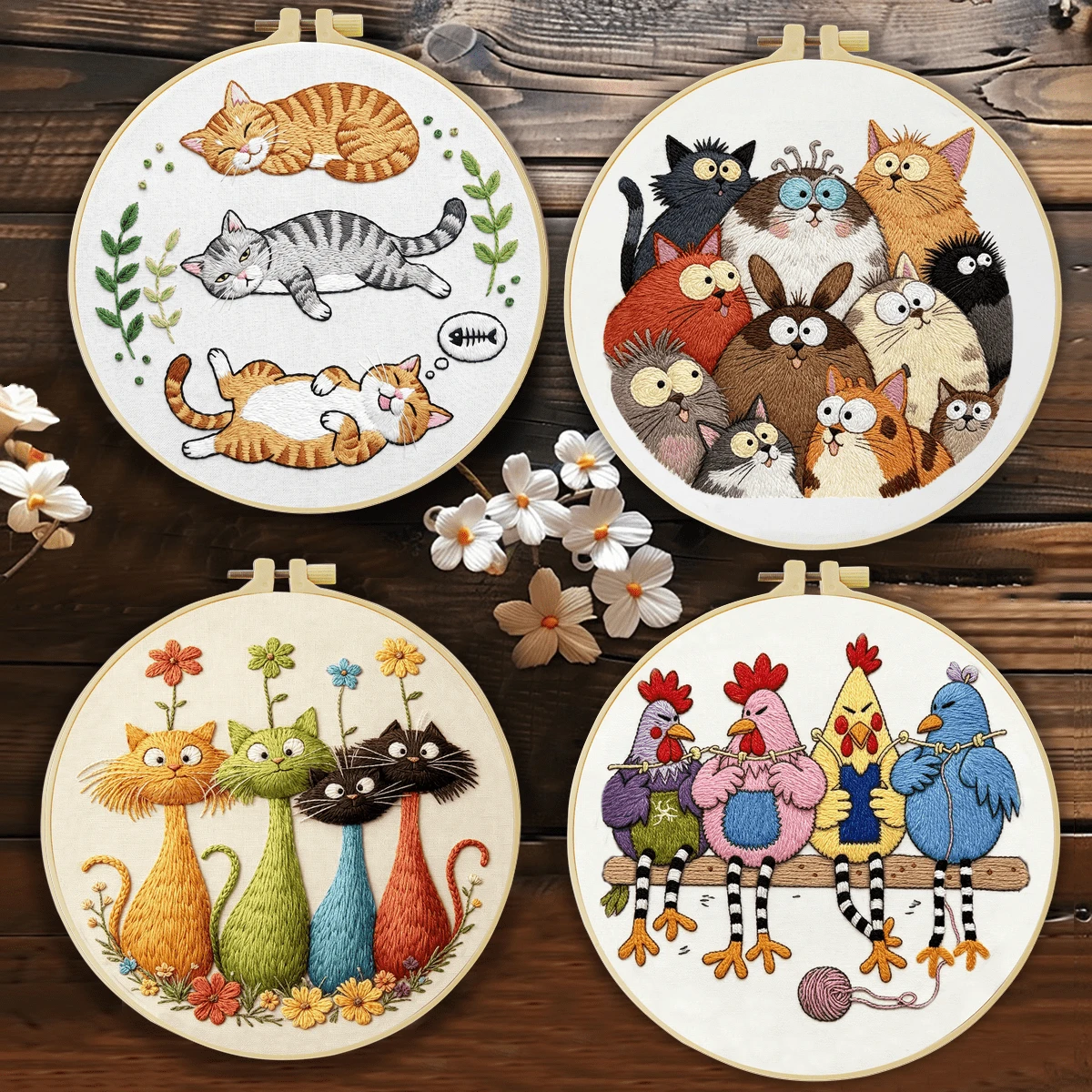 1件 20*20cm/7.9*7.9in 小動物組合刺繡套件，DIY手工刺繡組，適合成人初學者，居家禮物，女性縫紉禮物，包含使用說明書、印花布料、刺繡框、針與線