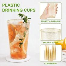 100 Count 14 Oz Gold Glitter Heavy Duty Plastic Cups, Clear Disposable Plastic Tumblers, Elegant Fancy Disposable Drinking Glasses For Wedding Reception, Birthday, Christmas, Holiday Cocktail Party Supplies - 金色 - 查看 7
