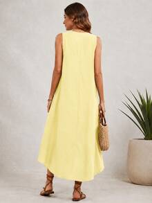 Women's Asymmetrical Dress, Sleeveless High Low Hem Beach Dress, Breathable Summer Midi Dress For Vacation Outfits Women And Resort Wear - 黃色 - 查看 4