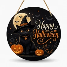 2D Flat Multiple Styles Round Wooden Door Hanging Signs, Witch Welcome Broom & Potion Bottle, Pumpkin Ghost Happy Halloween, Full Moon Black Cat Pumpkin, Moonlit Castle Bats, Entryway Window Holiday Decorative Hanging Tags, Suitable For Autumn Or Halloween Decoration - Hanging Ornament - View 2