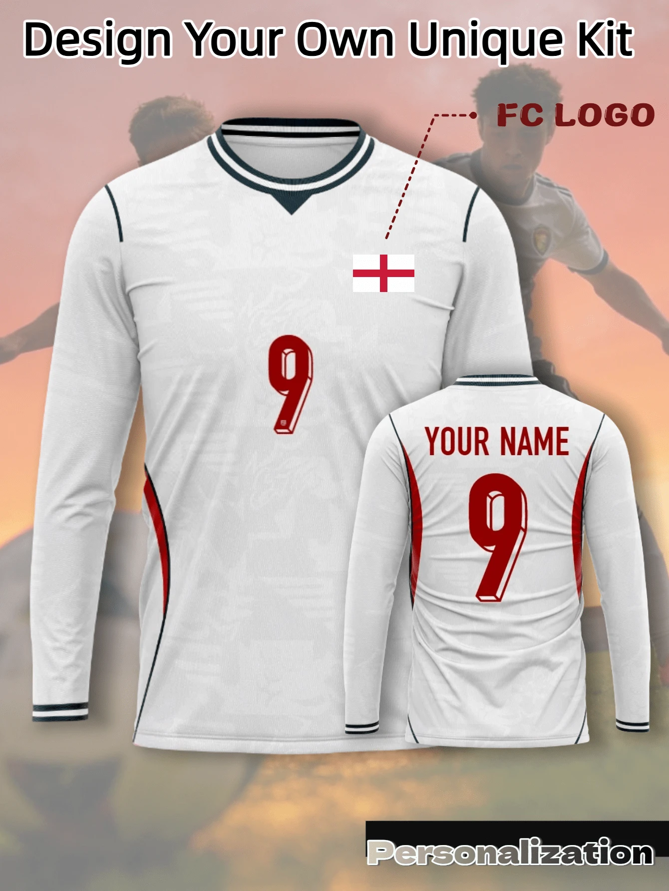 Custom England Home 2026 Long Sleeve Football Jersey, White Base With Subtle Dark Pattern, Classic Red And Green Contrast Lines, Customizable Front And Back, Print Player Name And Number, Custom Team Logo, Comfortable Fabric, Suitable For Official Football Matches And Daily Training, Combines On-Field Functionality And Casual Wear, 2026 Football - White - View 1