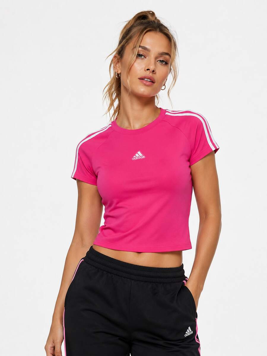 Adidas 三葉草女子短版波浪邊運動修身短袖T卹 - 玫紅色 - 查看 1
