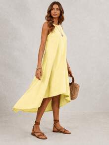 Women's Asymmetrical Dress, Sleeveless High Low Hem Beach Dress, Breathable Summer Midi Dress For Vacation Outfits Women And Resort Wear - 黃色 - 查看 3