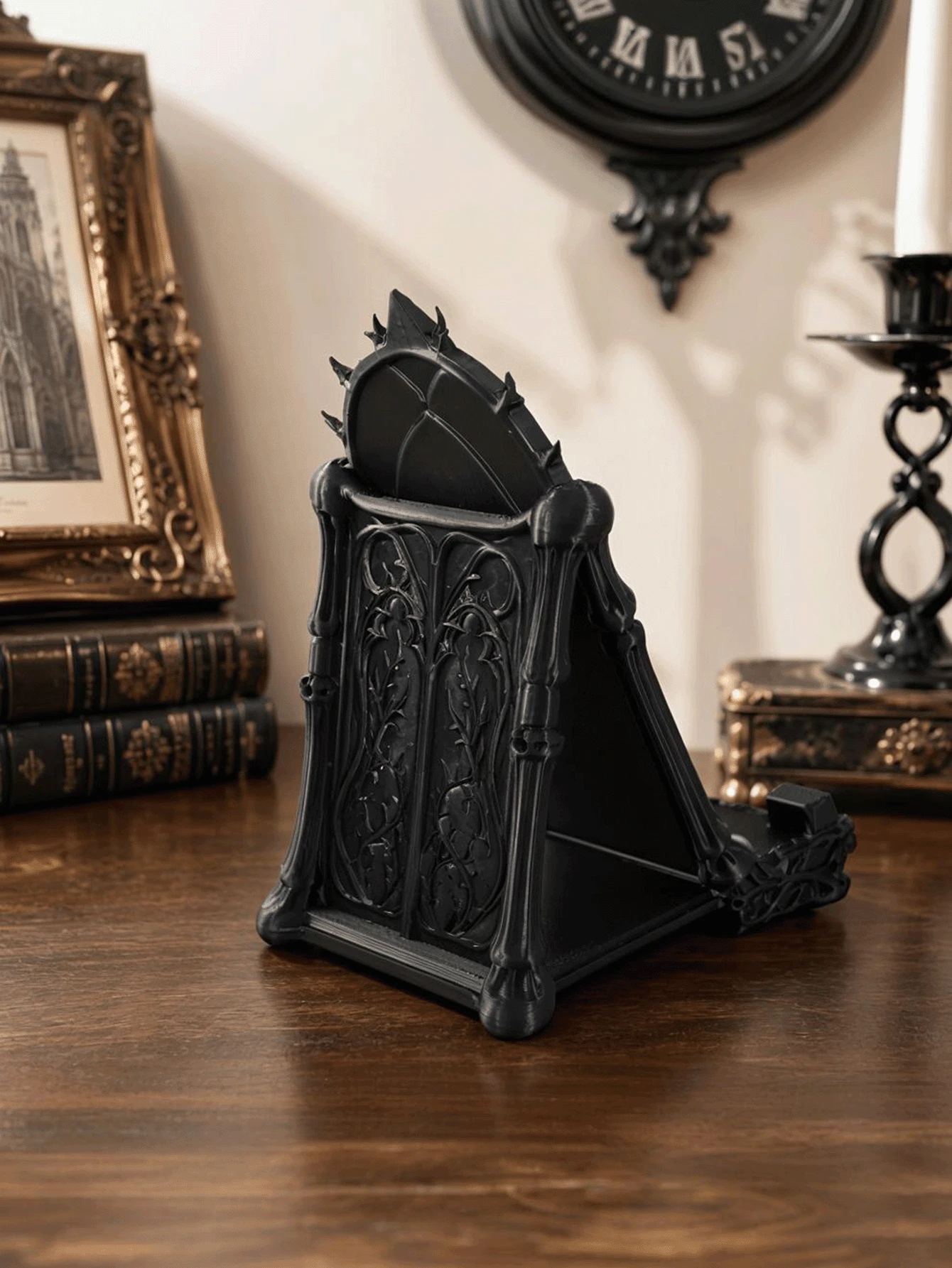 1pc Gothic Skull Phone Stand, Dark Gothic Style Desktop Phone Holder With Skull And Thorn Details, Black Decorative Phone Stand, Suitable For Desk, Bedside Table, Shelf, Home Office Decor, Gift For Gothic Enthusiasts - Multicolor - View 1