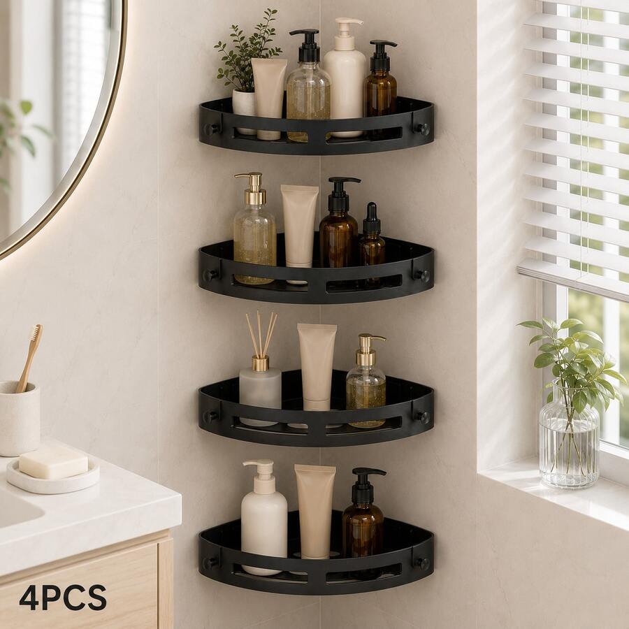 4/3/2/1pc ABS Triangular Corner Shower Caddy, No-Drill Strong Adhesive Wall-Mounted Bathroom Storage Rack With Hooks, Waterproof Shampoo Soap Liquid Toothbrush Holder, Space-Saving Bathroom Accessories, Bathroom Decor, Bathroom And Kitchen Storage Rack