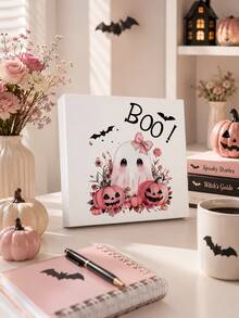 Hiasan Meja PVC Hantu Boo Merah Muda Pastel untuk Halloween, Dekorasi Baki Bertingkat Musim Gugur dengan dan Kelelawar Merah Muda Bermotif Bunga, Ornamen Blok Meja Lucu dan Menyeramkan untuk Dekorasi Rumah Halloween Dalam Ruangan - View 7
