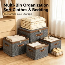 Abric Storage Box With Lid, Foldable Clothes Storage Organizer Bin With Leather Handle & Zipper, Large Capacity Closet Storage Container For Bedding Garments - Brown - View 7