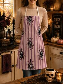 1pc/2pcs Vintage Halloween Green Gemstone Spider Apron, Dark Style Black Kitchen Apron, Faux Linen Printed Apron, Cooking Baking Grilling Apron, Gothic Style Holiday Party Home Decor Apron - Multicolor - View 4