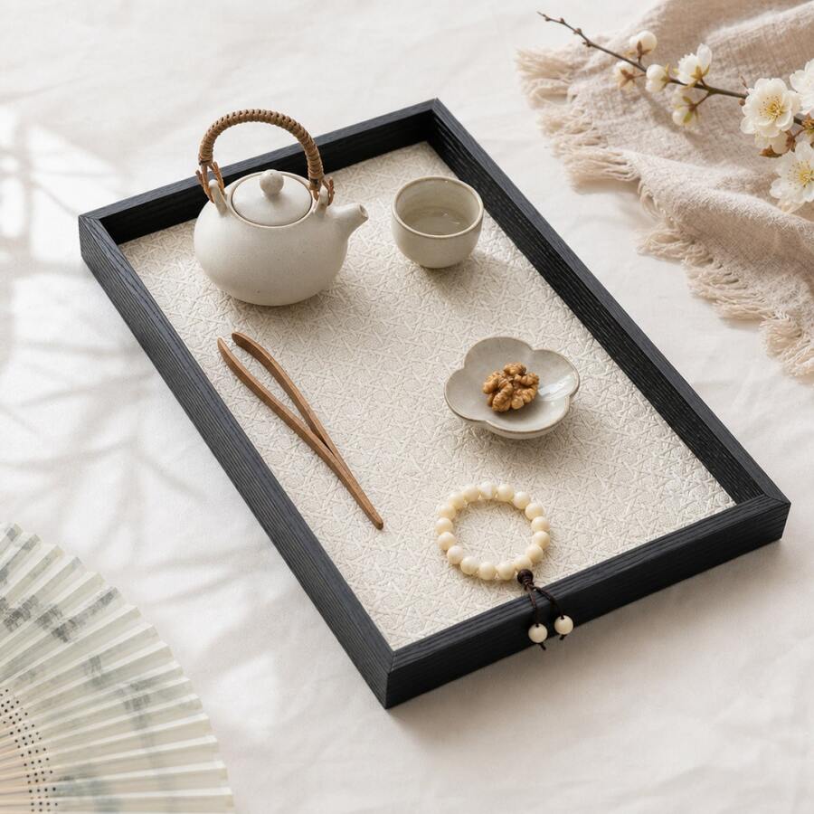 Wooden Frame Textured Leather Lining Black Edge White Bottom Rectangular Decorative Tray, Indoor Teacup Holder, Bathroom Toiletries Storage Tray, Kitchen Food Serving Platter, Living Room Coffee Table Snack Organizer, Bedroom Jewelry Display Tray - Multicolor - View 1