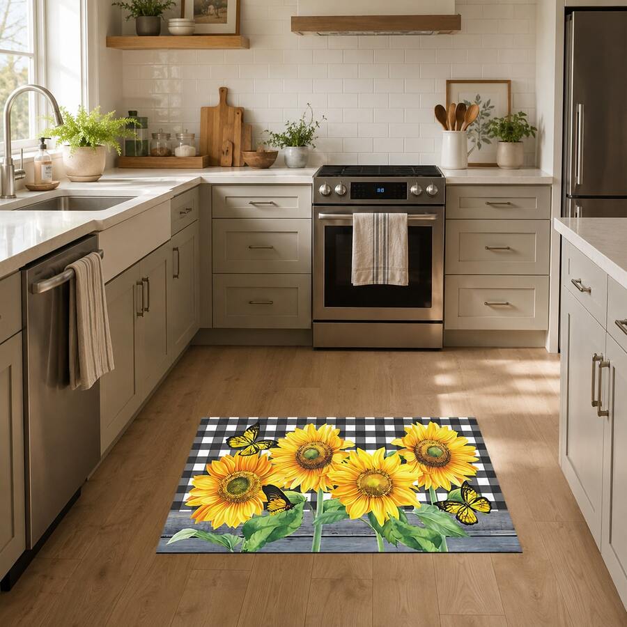 1pc Sunflower Pattern Printed Diatom Mud Kitchen Mat, Absorbent Kitchen Floor Mat, Kitchen Rug, Long Runner Mat, Sink Front Mat, Suitable For Kitchen, Bathroom, Entryway, Hallway, Laundry Room And Home Decor - Multicolor - View 1
