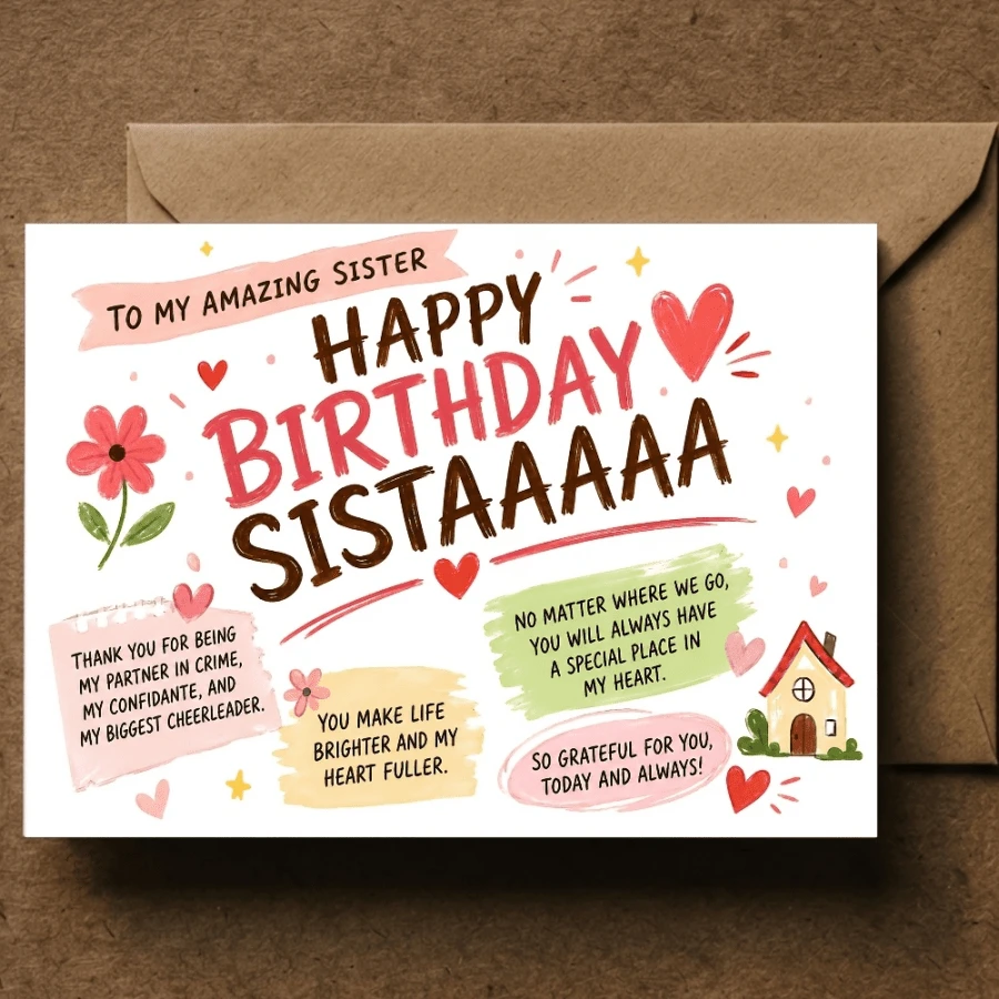Sister Birthday Greeting Card, Warm Hand-Drawn Emotional Card, Gratitude Card For Sister, Sister-In-Law, Stepsister, Perfect For Birthday Celebration, Birthday Gift, Family Greeting - A - View 1