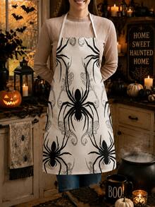 1pc/2pcs Vintage Halloween Green Gemstone Spider Apron, Dark Style Black Kitchen Apron, Faux Linen Printed Apron, Cooking Baking Grilling Apron, Gothic Style Holiday Party Home Decor Apron - Multicolor - View 6