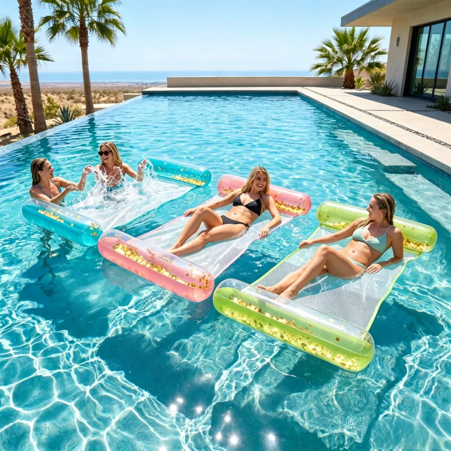 Transparent Confetti Inflatable Pool Hammock Floating Mat, Portable Mesh Water Lounge Float, PVC Swimming Floating Bed For Adults Pool Lake Summer Water - Multicolor - View 1