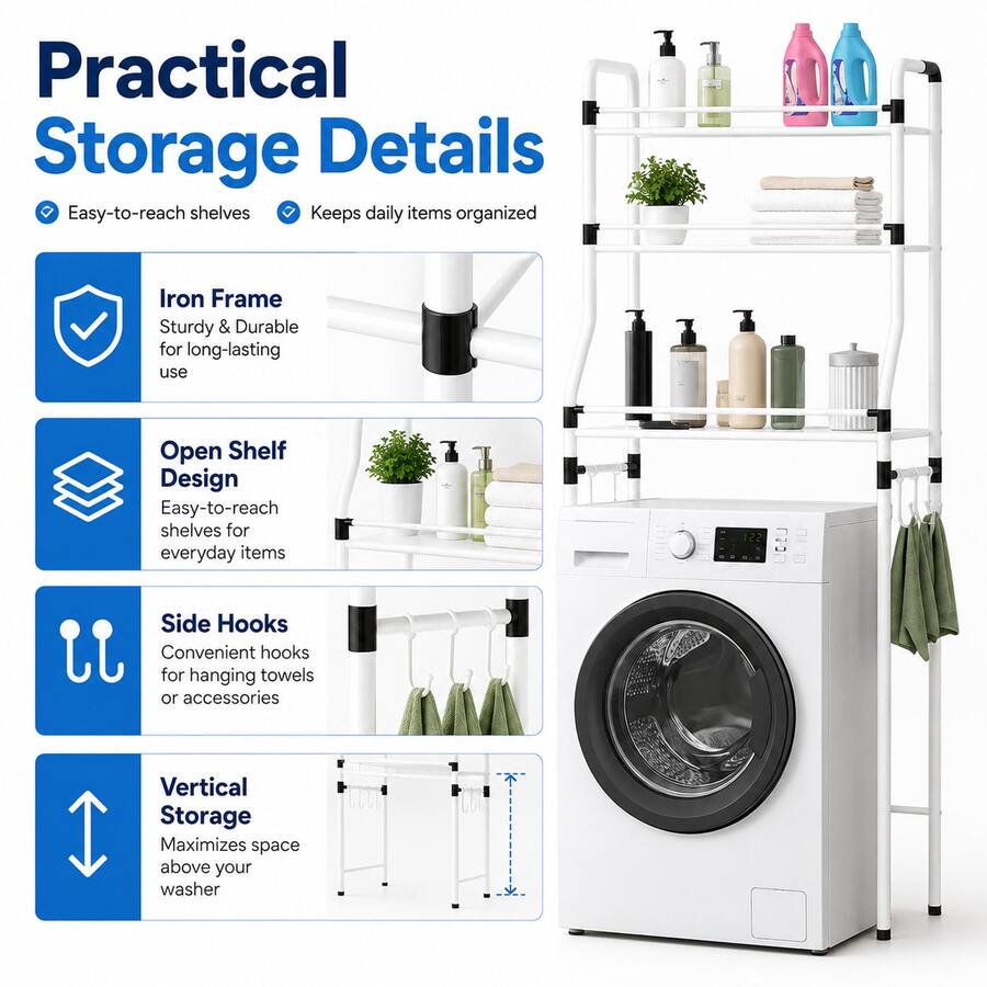 Toilet Bathroom Stainless Steel Toilet Storage Rack Bathroom Washing Machine Rack Storage Storage Rack - White - View 1
