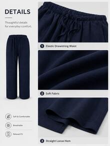 Women's Loose Drawstring Waist Wide Leg Pants, Lightweight Breathable Casual Trousers, Summer, Old Money - Navy Blue - View 4
