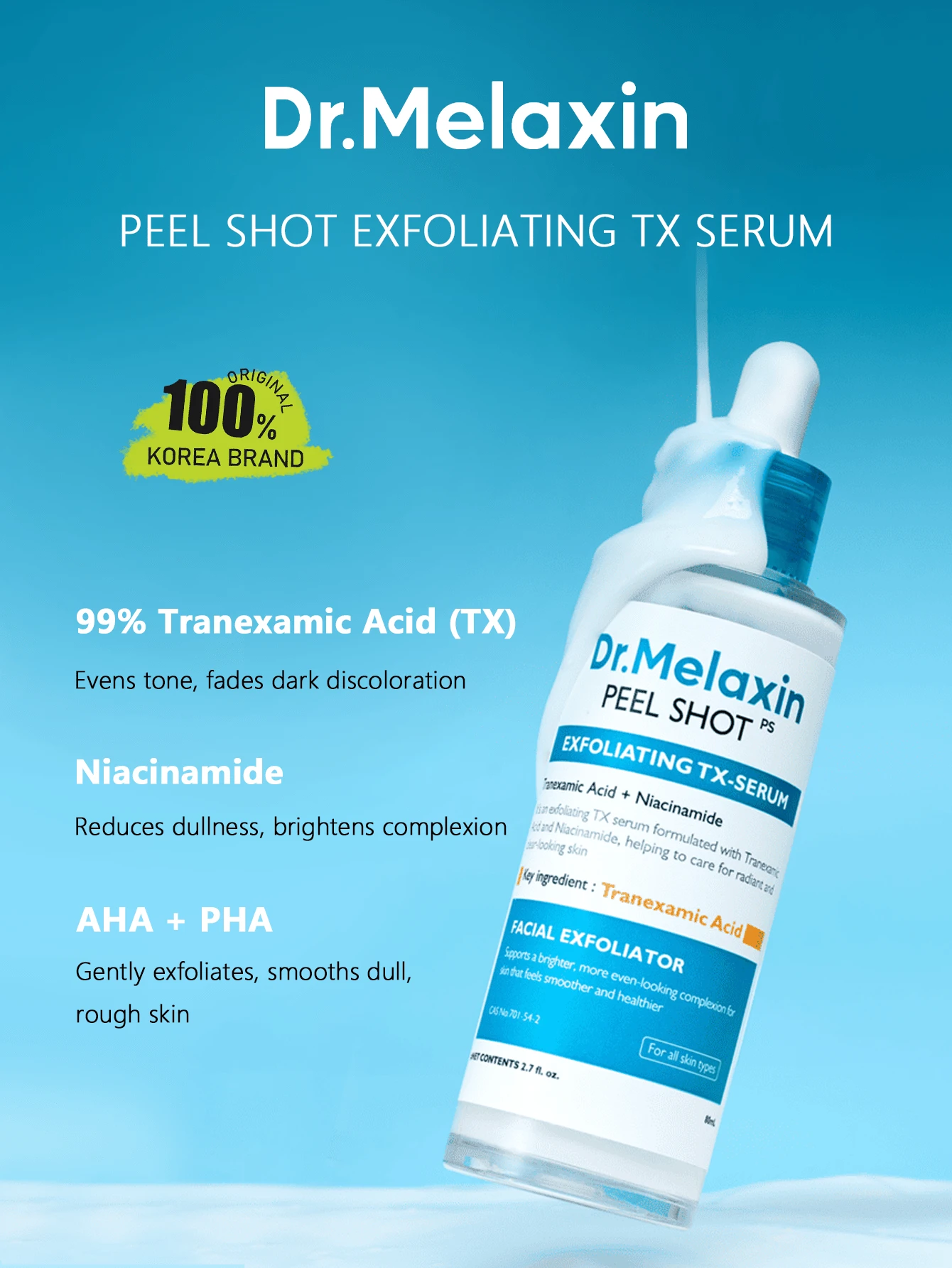 Dr.Melaxin PEEL SHOT 角質代謝 TX 精華液，角質更新精華，細緻肌膚紋理並提亮，溫和保濕，適合所有膚質，長效滋潤，K-Beauty 韓系美妝，Olive Young，禮品，80ml/2.7 Fl.Oz
