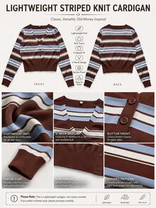 Women's Vintage Striped Short Cardigan Sweater, Long Sleeve, Ribbed Knit Hem, V-Neck, High Elastic Polyester Fabric, Suitable For Autumn/Winter Outfits, Versatile Casual Style - Brown - View 4