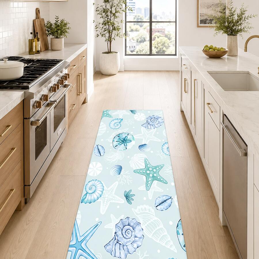 1pc Starfish Pattern Diatom Mud Kitchen Mat, Absorbent Kitchen Floor Mat, Kitchen Rug, Long Runner Mat, Sink Front Mat, Suitable For Kitchen, Bathroom, Entryway, Hallway, Laundry Room And Home Decor - Multicolor - View 1