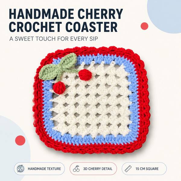 2pcs Blue White Red Colorblock Cherry Crochet Coasters, Vintage Pastoral Handmade Hollow Round Corner Square Heat-Insulating Pads, Dopamine Home Desktop Decor Mats, Birthday Housewarming Handmade Small Gifts