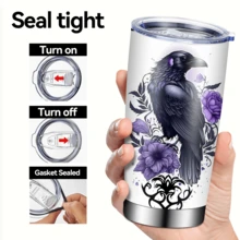 1/5 Stück 20oz Edelstahl isolierter Becher, schwarzer Krähen- & lila Blumenmuster, auslaufsicherer versiegelter Deckel, tragbarer Thermobecher für Auto, Büro, Outdoor Camping, ideales Geschenk für Liebhaber von Gothic Dark Art - Schwarze Krähe - Übersicht 3