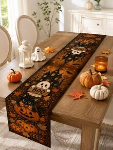 1pc-Halloween Table Runner, Haunted House Ghost Black Cat Pumpkin Linen Look Runner, Fall Leaves Table Decor For Dining Room Kitchen Halloween Decorations - Multicolor - View 7