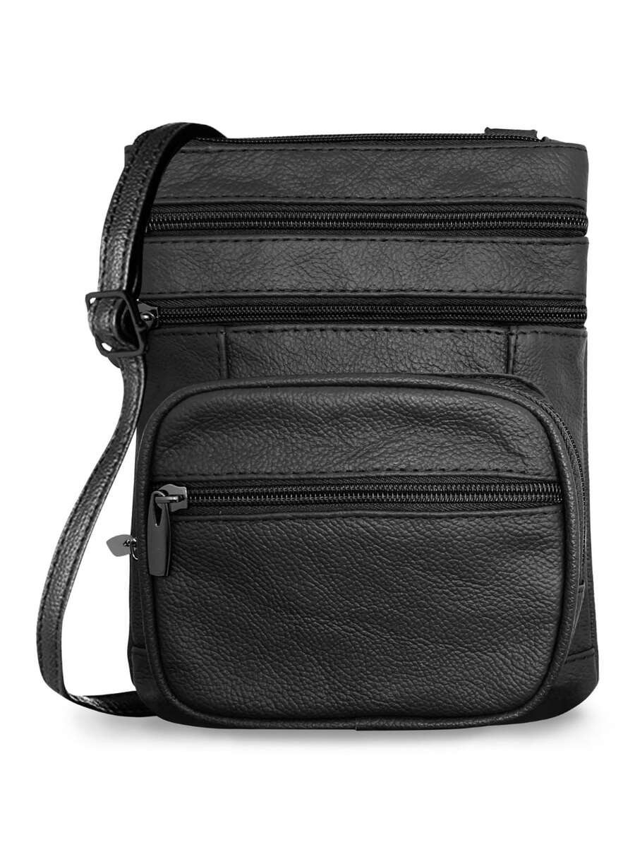 Women's Genuine Leather Crossbody Bag, Adjustable Shoulder Purse, Lightweight Travel Handbag For Work, Shopping & Daily Use - 黑色 - 查看 1