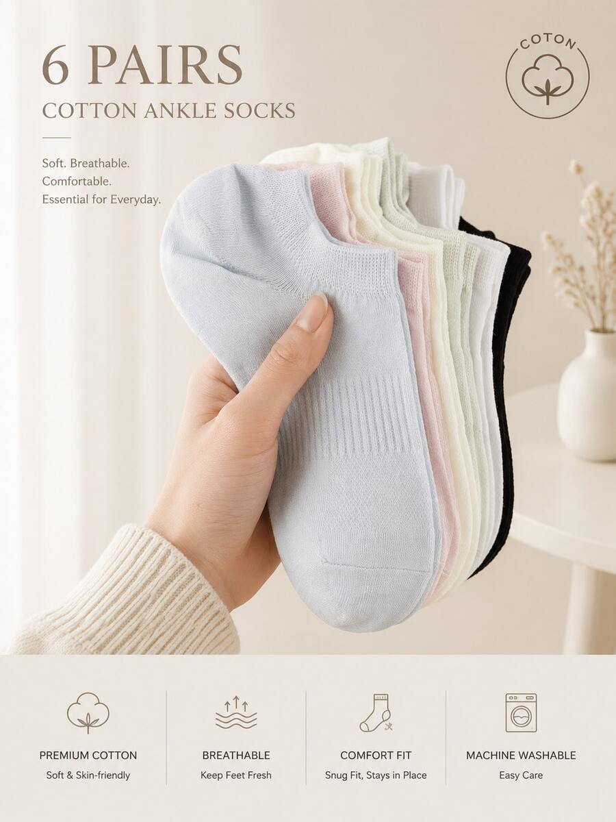 6 Pairs Women's Macaron Solid Color Cotton Socks, Non-Slip Heel Low-Cut Invisible Socks, Skin-Friendly Breathable Casual Daily Socks - Multicolor - View 1
