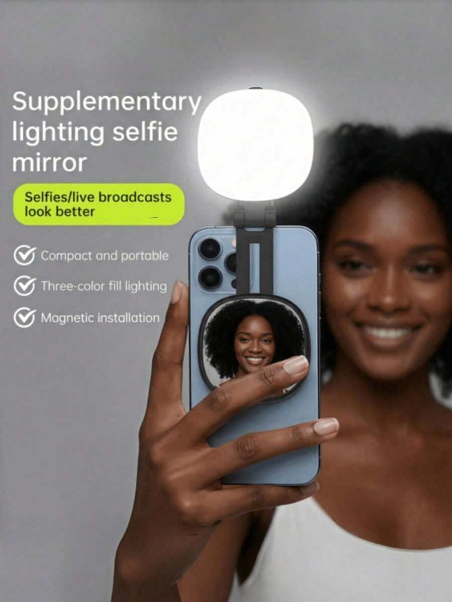 Magnetic Phone Selfie Ring Light With Mirror, Foldable, Adjustable Cold/Warm Light, Suitable For Makeup And Photography, Portable, Type-C Interface