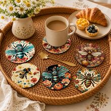 6入蜜蜂圖案印花矽藻土杯墊，吸水飲料杯墊，咖啡杯杯墊、馬克杯杯墊、茶杯杯墊，桌面保護墊，適用於餐桌、咖啡桌、吧檯與辦公桌裝飾 - 彩色 - 查看 5