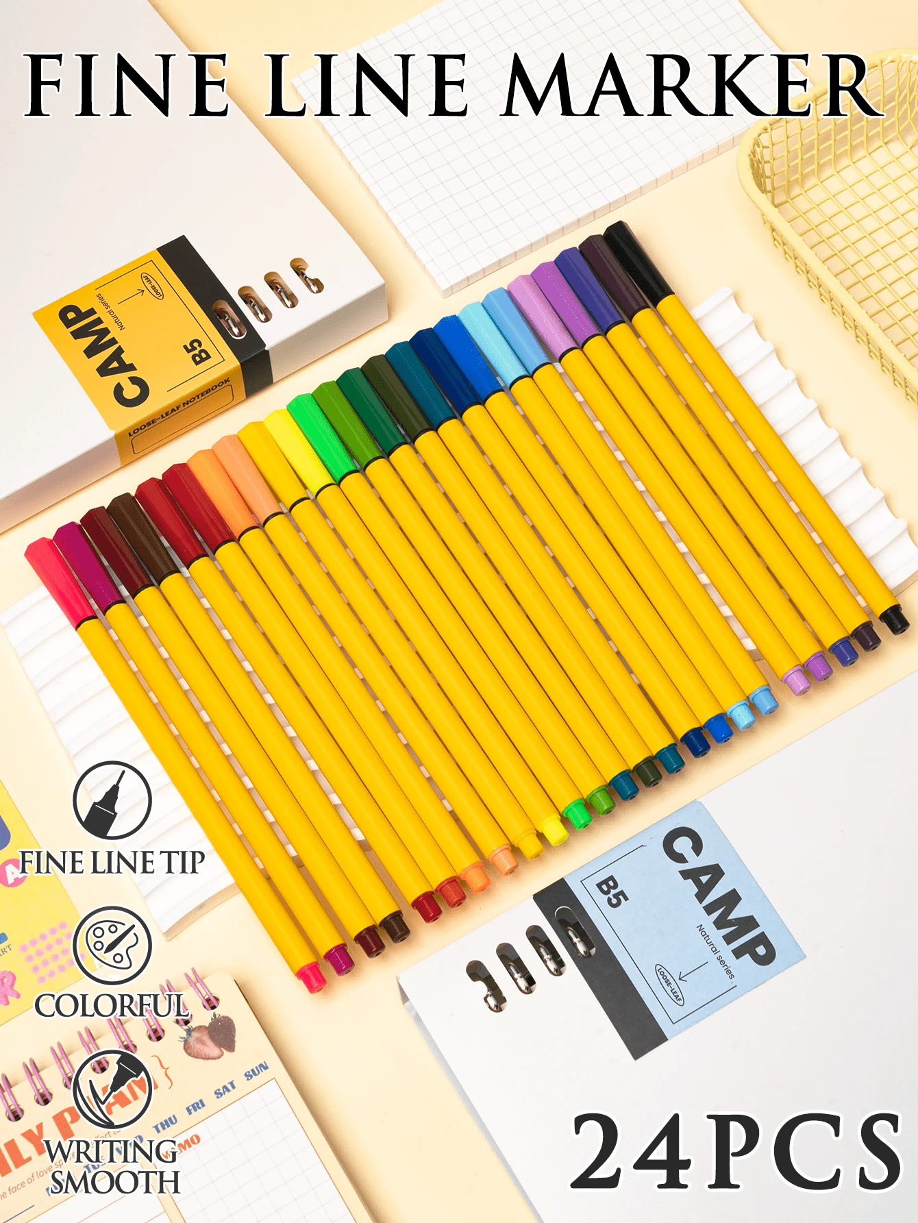24 Colors Fine Line Pens, Yellow Round Barrel Marker Pens Drawing Set - 24 Colors - View 1