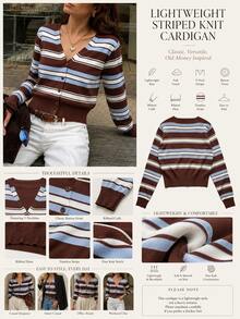 Women's Vintage Striped Short Cardigan Sweater, Long Sleeve, Ribbed Knit Hem, V-Neck, High Elastic Polyester Fabric, Suitable For Autumn/Winter Outfits, Versatile Casual Style - Brown - View 7