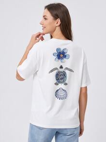 Fashionable Casual T-Shirt, With Short Sleeves And Round Neckline, Featuring Floral Patterns And Starfish Shell Designs,Fast Local Delivery - 白色 - 查看 2