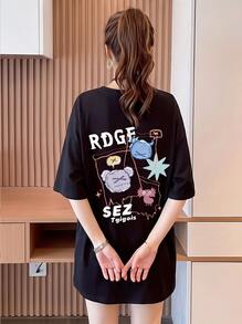 Autumn Outfit, Oversized Y2K T-Shirt For Women In Korean Style - Loose Cropped Top With Round Neck, Fast Local Delivery - 黑色 - 查看 3