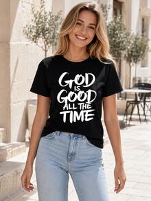 Loose Design/Plus Size"God Is Always Good"Christianity T Shirt Women's Religious Belief Statement Pattern T Shirt Casual Summer Tops - 黑色 2 - 查看 2