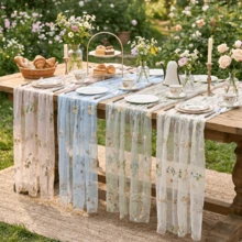 Juego de 3 piezas de camino de mesa transparente con bordado floral (29.5 X 71 pulgadas, verde salvia/champán/blanco), mantel de estilo granja con flores, adecuado para uso diario, vacaciones, bodas, hoteles, fiestas de cumpleaños, decoración del hogar, camping y picnic, todas las estaciones - Camino de mesa de tul bordado con flores silvestres - Ver 11