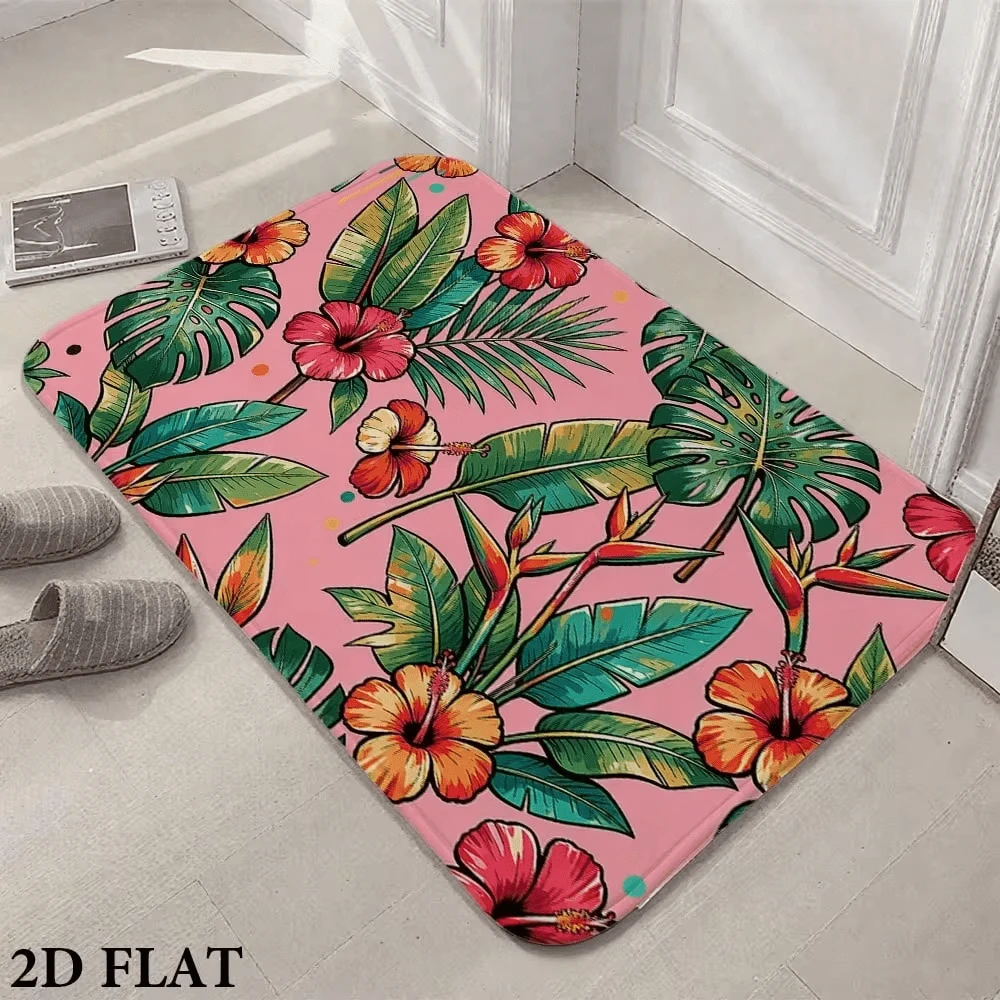 Pink Tropical Palm Diatom Mud Floor Rug 2D Flat Non-Slip Washable Soft Durable Bedroom Bathroom Entrance Mat - Black - View 1